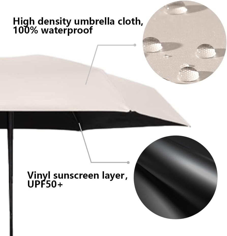 Mini Travel Sun Umbrella for Purse With Case,Small Compact UV Umbrella Protection Sun,Lightweight Portable Parasol Windproof for Women Men Kids (Beige)