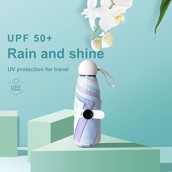 Mini Travel Sun & Rain Umbrella, Small UV Compact Folding Umbrella with Case 8 Ribs Anti-UV Lightweight Umbrella