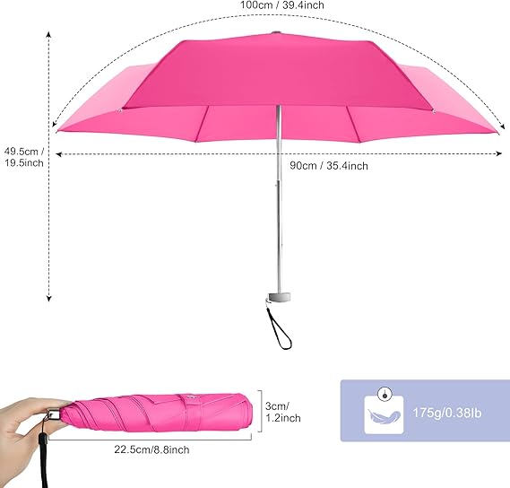 Travel Mini Umbrella for Purse - Pink Compact Durable Cool Teflon Light Weight Flat Backpacking Umbrella Portable Paraguas