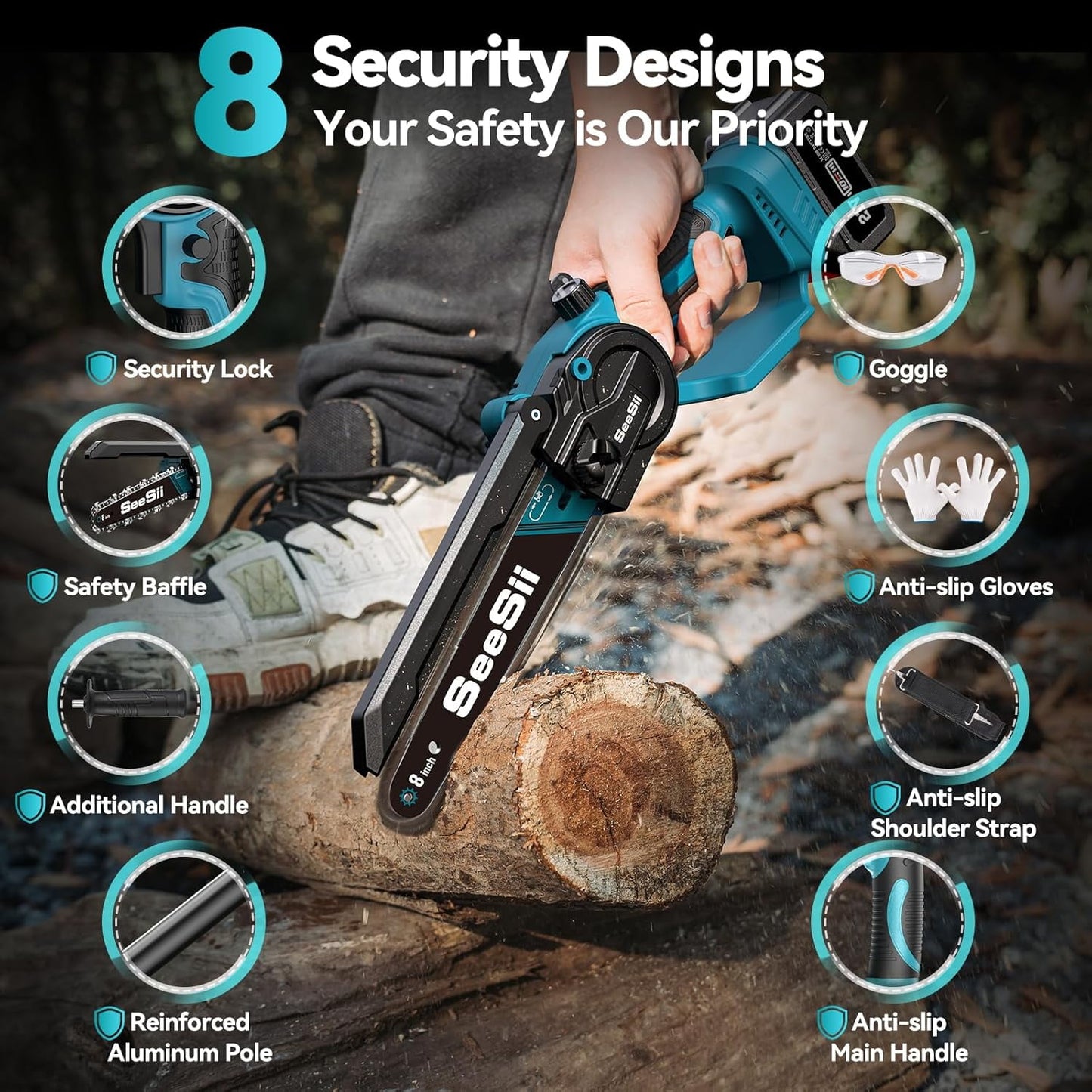 Seesii 2-in-1 Cordless 8 inch Pole Saw & Mini Chainsaw