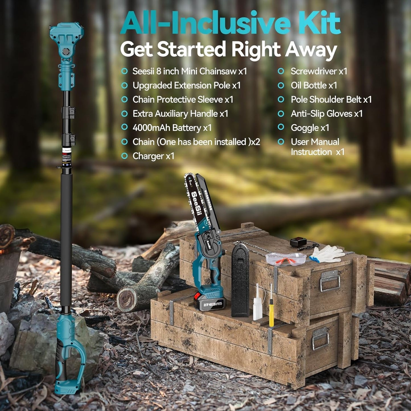 Seesii 2-in-1 Cordless 8 inch Pole Saw & Mini Chainsaw