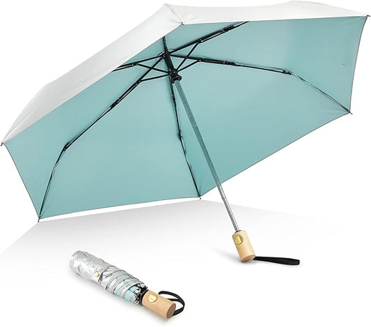 UPF 50+ UV Protection Travel Umbrella with Wooden Handle, 42 Inch Lightweight Sun Rain Folding Umbrellas Auto Open Close (Lake Blue)