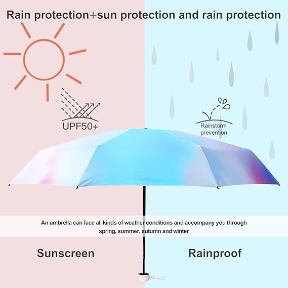 Mini Travel Sun & Rain Umbrella, Small UV Compact Folding Umbrella with Case 8 Ribs Anti-UV Lightweight Umbrella