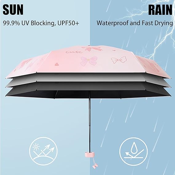 Mini Travel Folding Umbrella - Small Compact Sun Retractable Umbrella with Case, Lightweight Portable UPF 50+ Rain UV Protection Windproof Parasol for Pocket Backpack Women Girls Lady