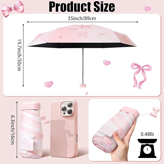 Mini Travel Folding Umbrella - Small Compact Sun Retractable Umbrella with Case, Lightweight Portable UPF 50+ Rain UV Protection Windproof Parasol for Pocket Backpack Women Girls Lady