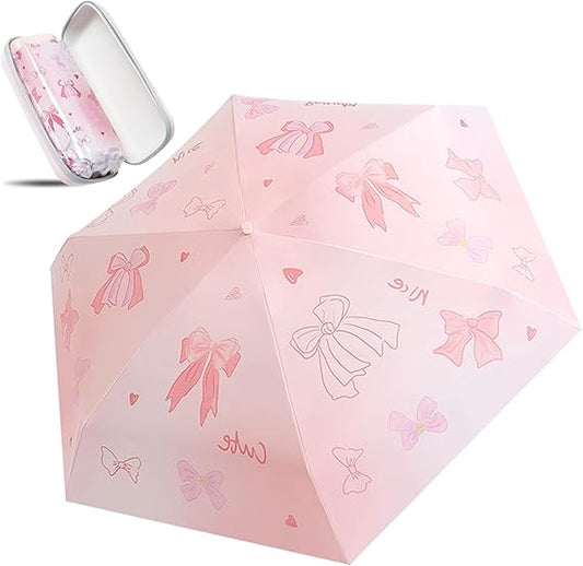 Mini Travel Folding Umbrella - Small Compact Sun Retractable Umbrella with Case, Lightweight Portable UPF 50+ Rain UV Protection Windproof Parasol for Pocket Backpack Women Girls Lady
