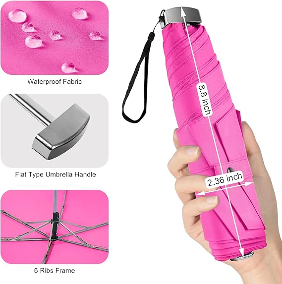 Travel Mini Umbrella for Purse - Pink Compact Durable Cool Teflon Light Weight Flat Backpacking Umbrella Portable Paraguas
