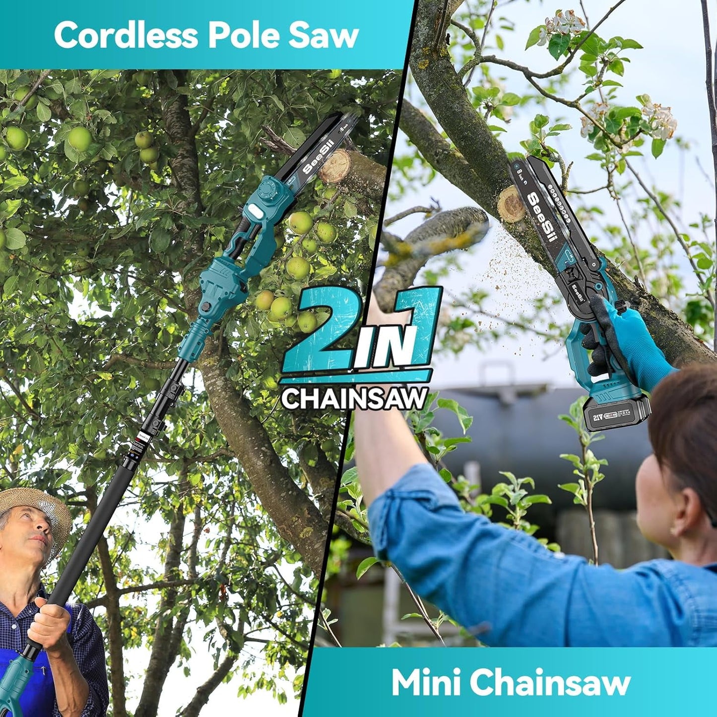 Seesii 2-in-1 Cordless 8 inch Pole Saw & Mini Chainsaw